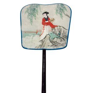 Vintage Hand-Painted Chinese Silk Fan With Woman In Red Kimono & Black Handle